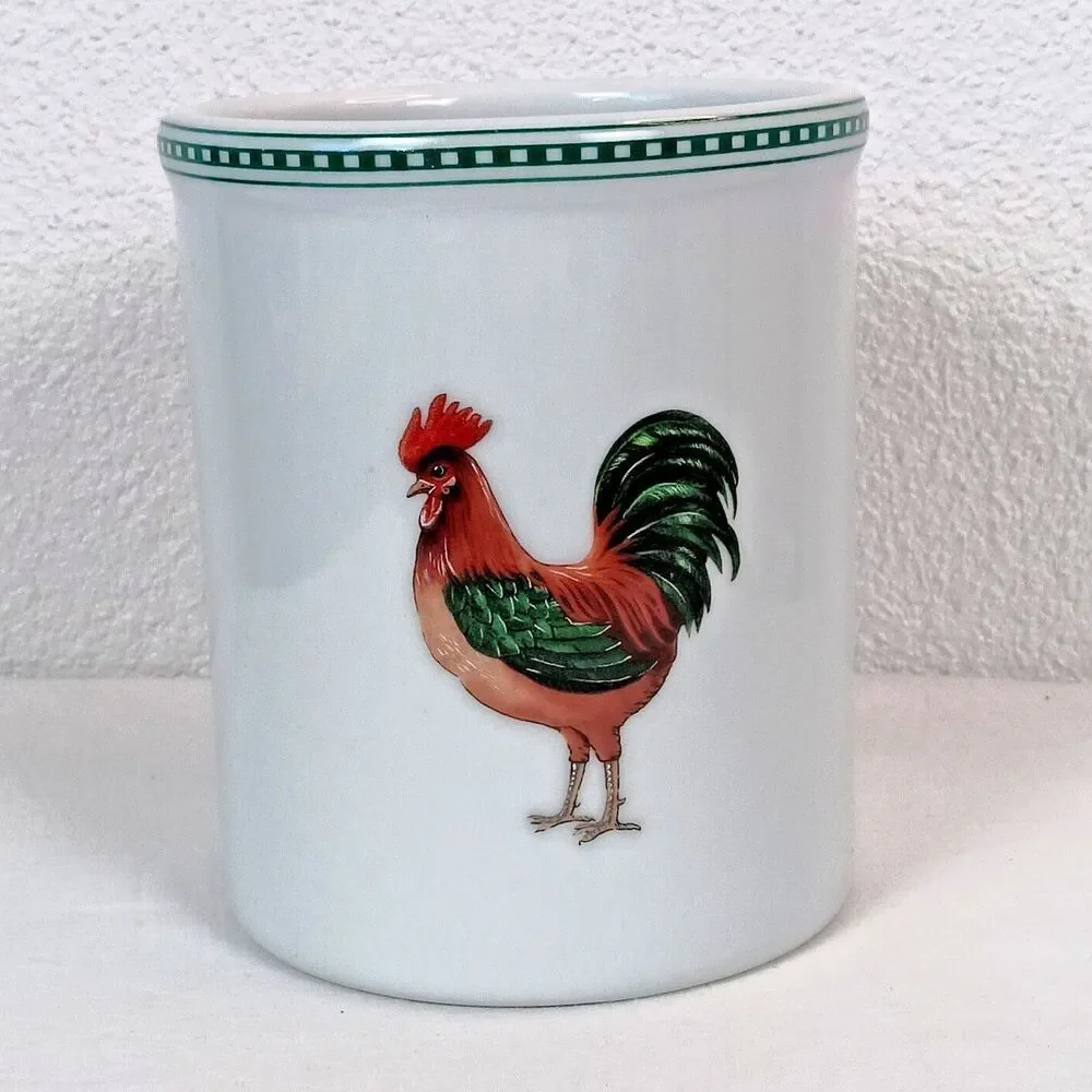Late 20th Century Rooster White Stoneware Utensil Holder Crock Bia Cordon Bleu